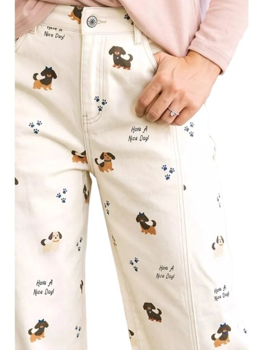 Dog Paw Print Have A Nice Day High Rise Wide Leg Jeans Relaxed Fit Denim Pants